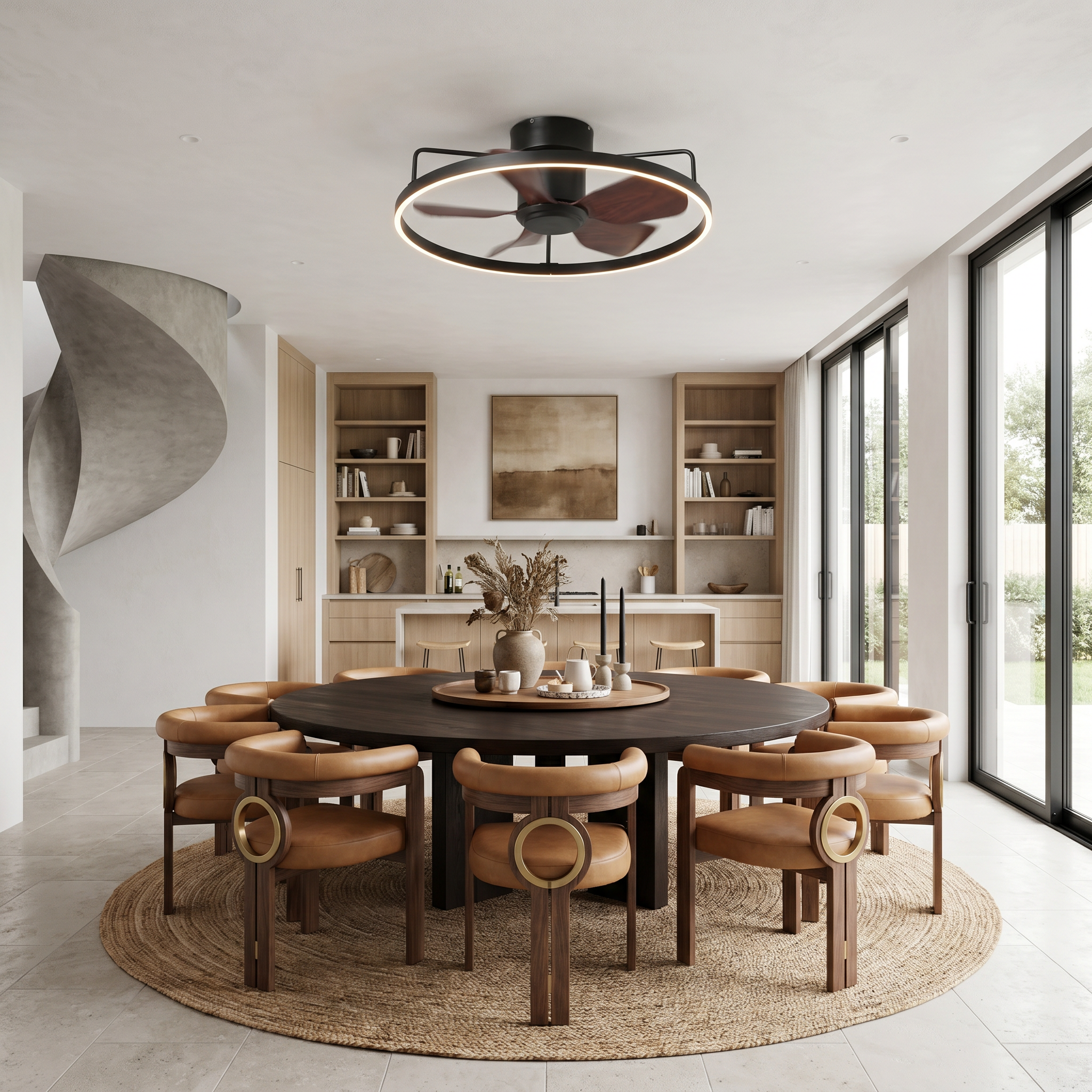Lifestyle scene — Iron Walnut Flush Mount Silent Motor LED Ceiling Light Fan
