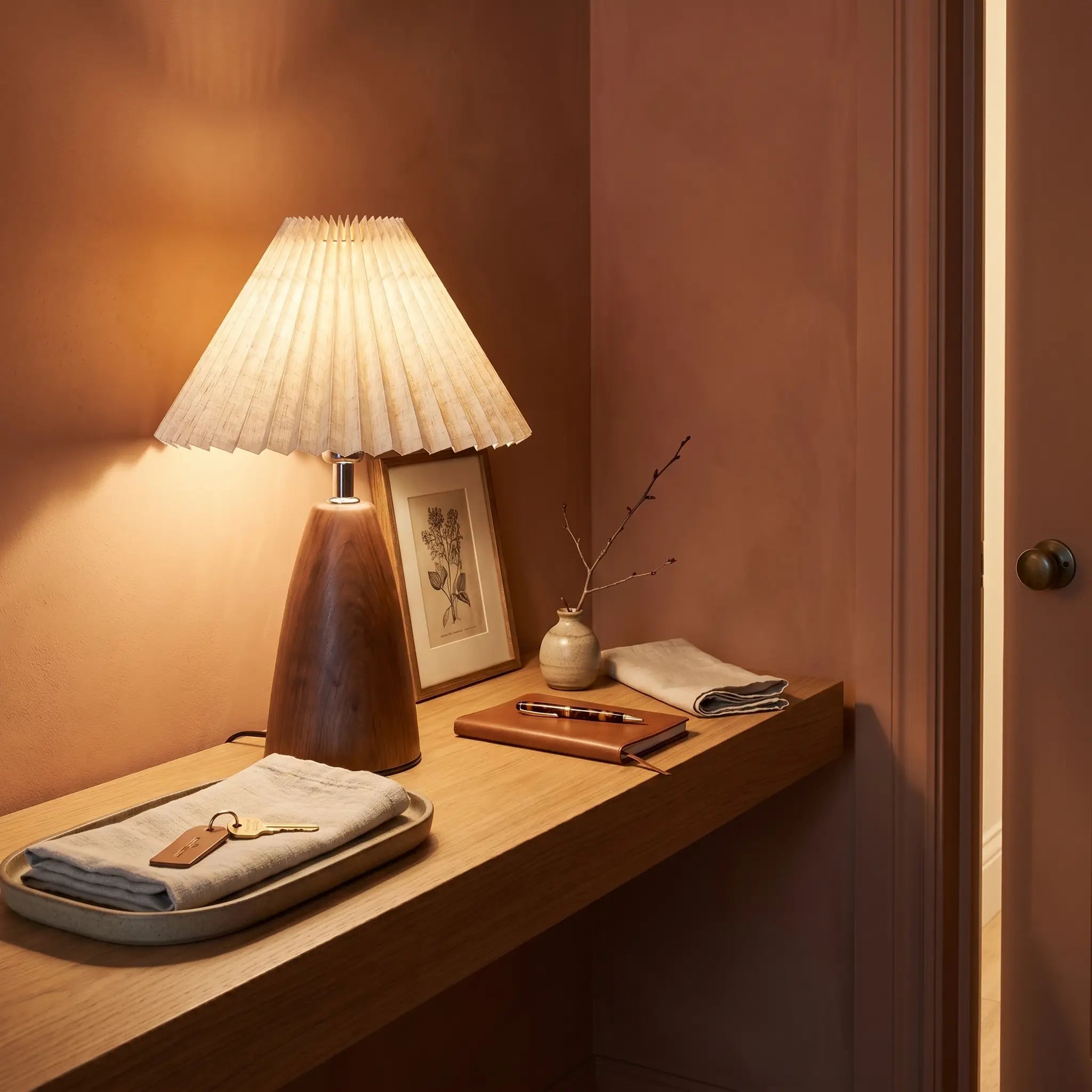 Lifestyle scene — Walnut Wood Cone Pleated USB Warm Light Adjustable 1-Light Table Lamp