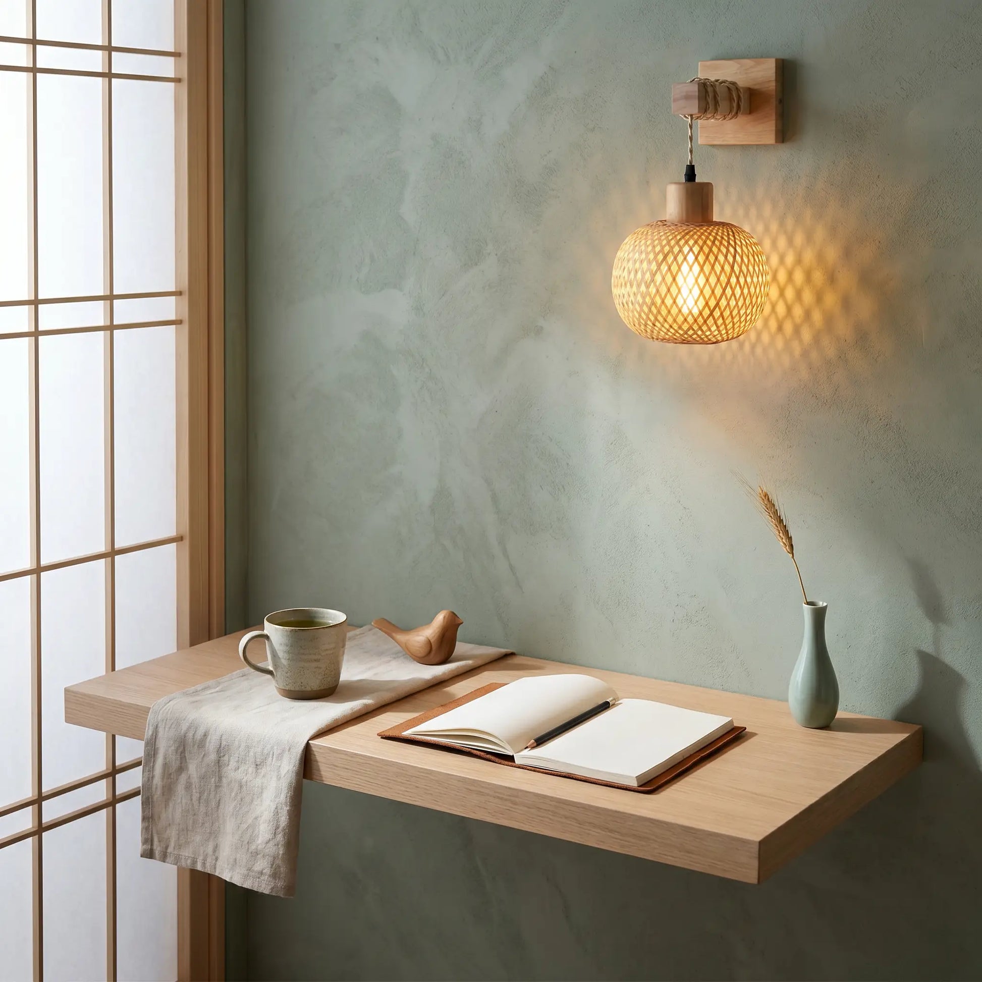 Pastoral bamboo wood spherical incandescent ceiling light in ambient room warm light setting on japandi style study desk wall sconce