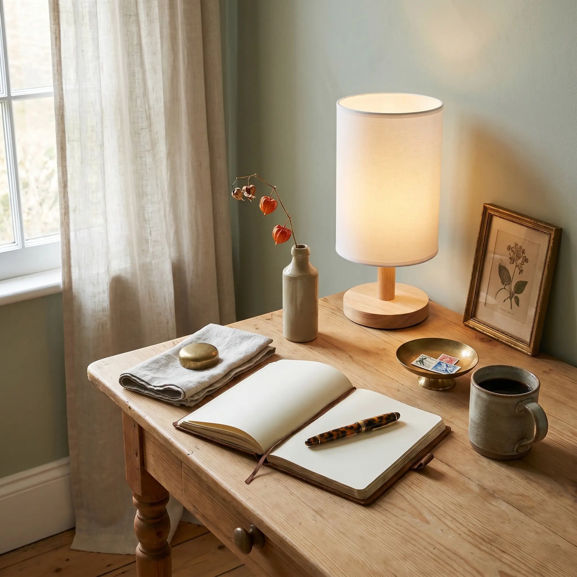 Lifestyle scene — Solid Wood Linen Gray USB Remote Control Adjustable LED Table Lamp