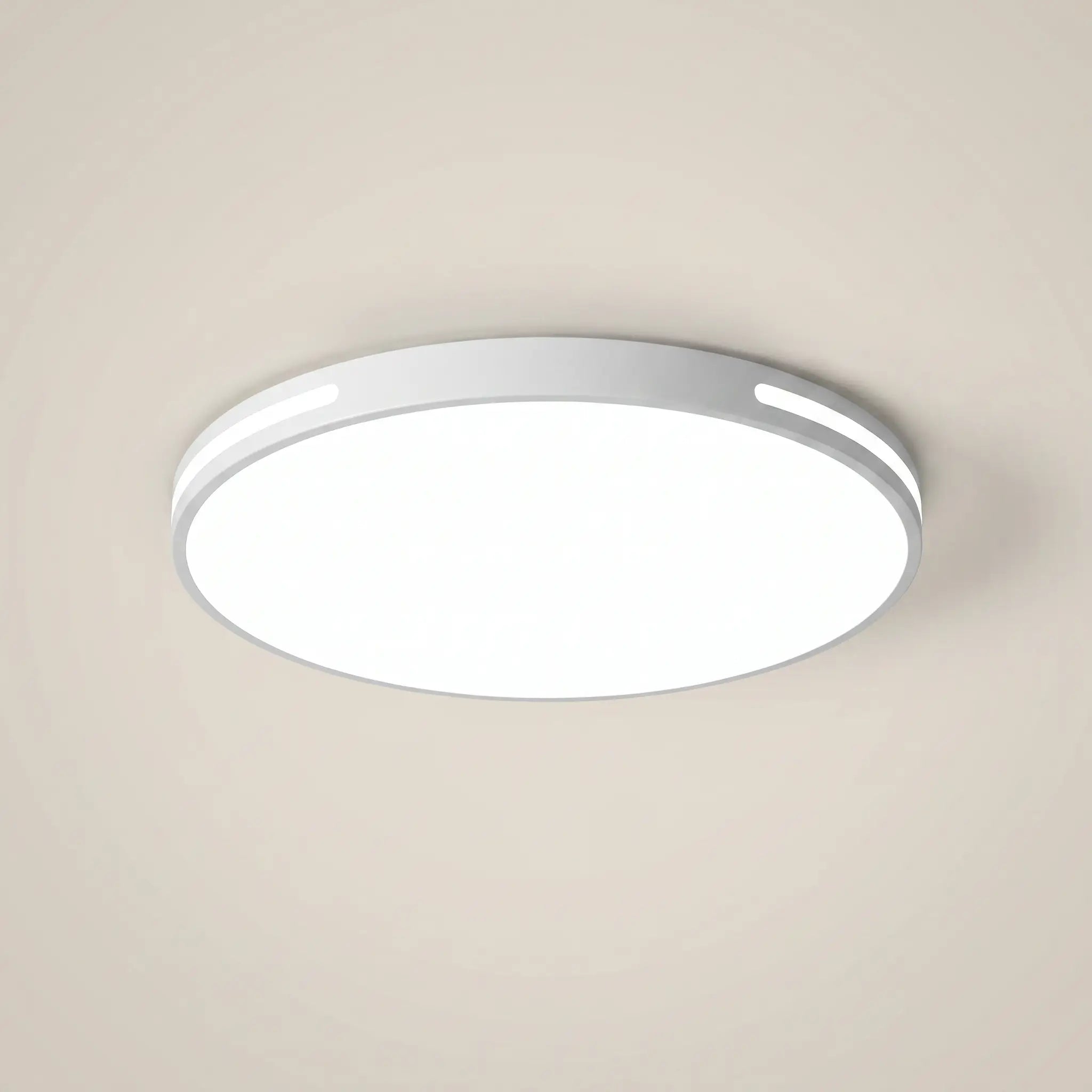 Minimalist modern white PVC iron voice control LED ceiling light round 12 inch shown front view with white PVC shade and iron body