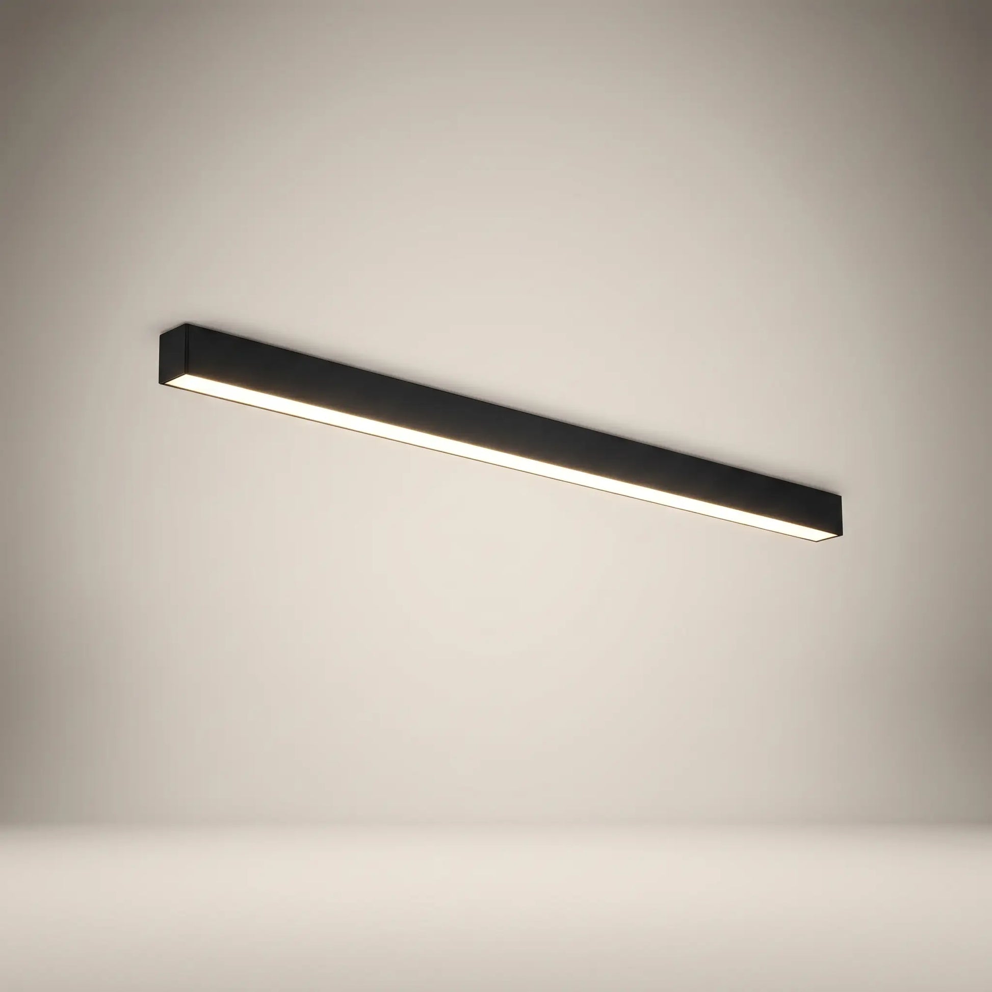 Modern minimalist aluminum sand white ceiling light at front view lit showing remote control and 60cm linear strip