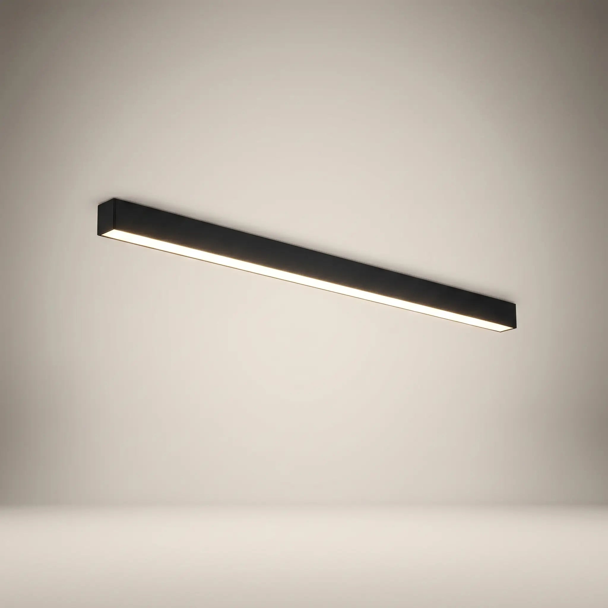 Modern minimalist aluminum sand white ceiling light at front view lit showing remote control and 60cm linear strip