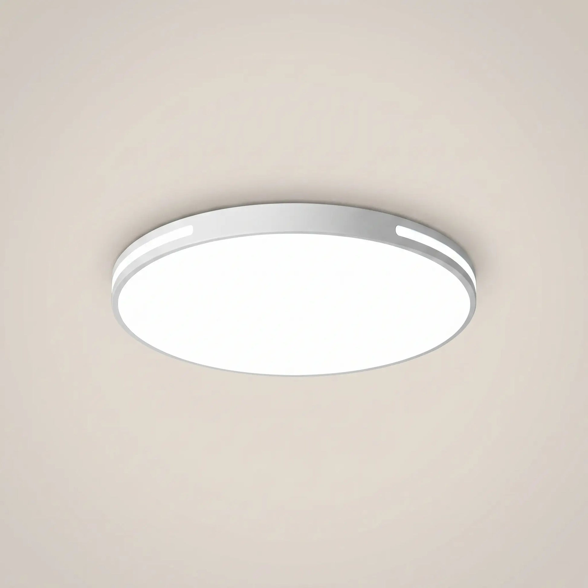 Minimalist modern white PVC iron voice control LED ceiling light round 24 inch front view with white PVC shade and iron body visible