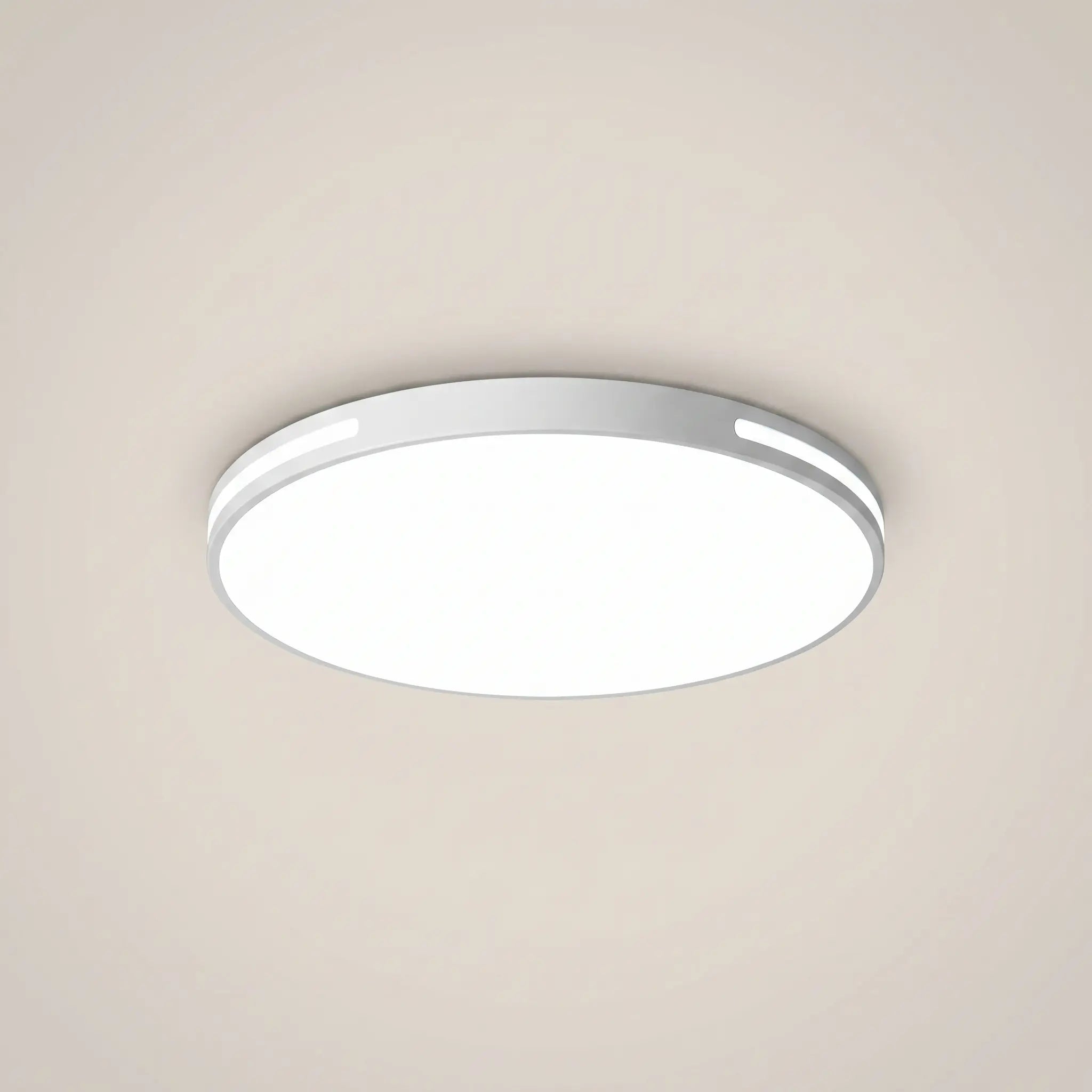 Minimalist modern white PVC iron voice control LED ceiling light round 24 inch front view with white PVC shade and iron body visible