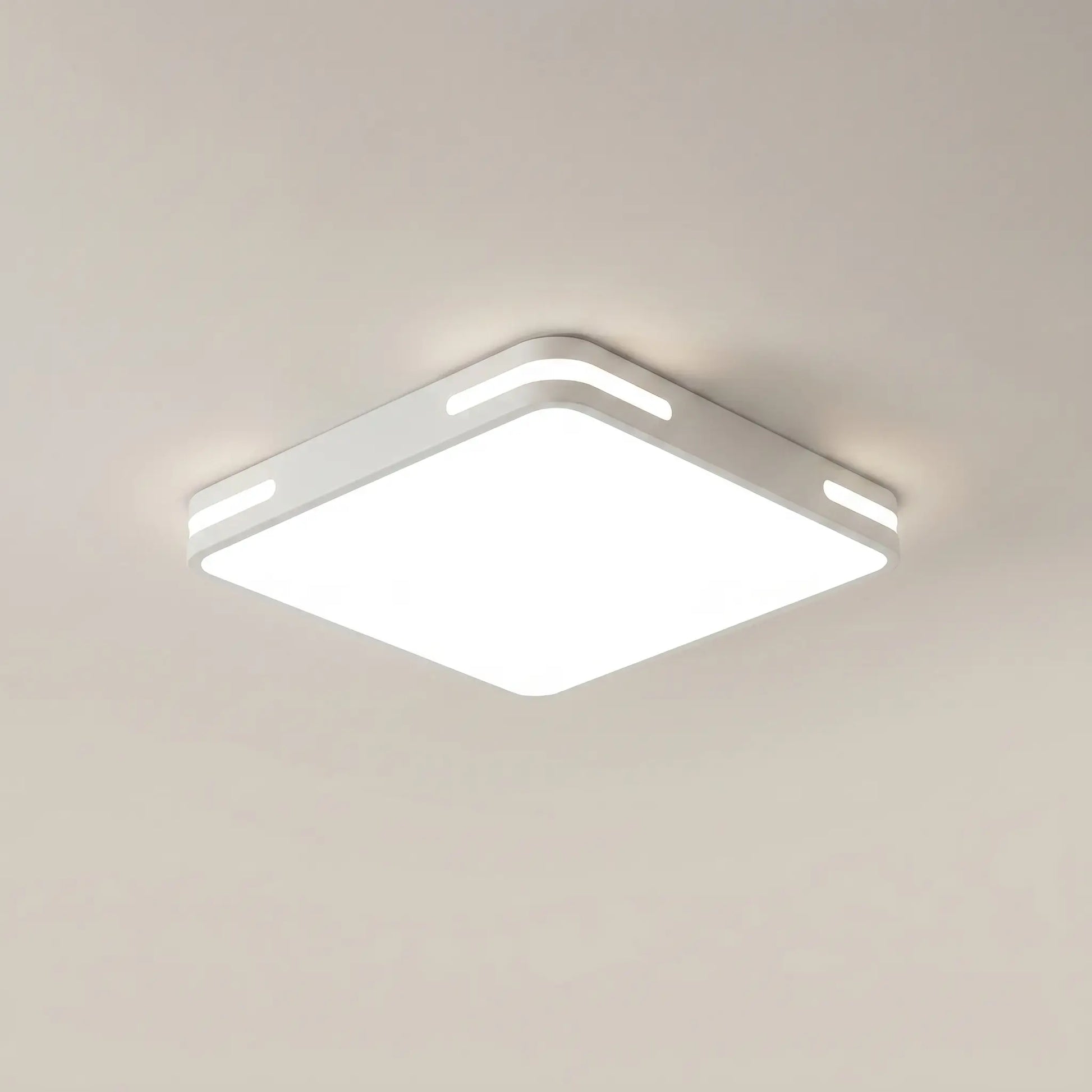Minimalist modern white PVC iron voice control LED ceiling light square 16 inch by 16 inch front view with white PVC shade and iron body