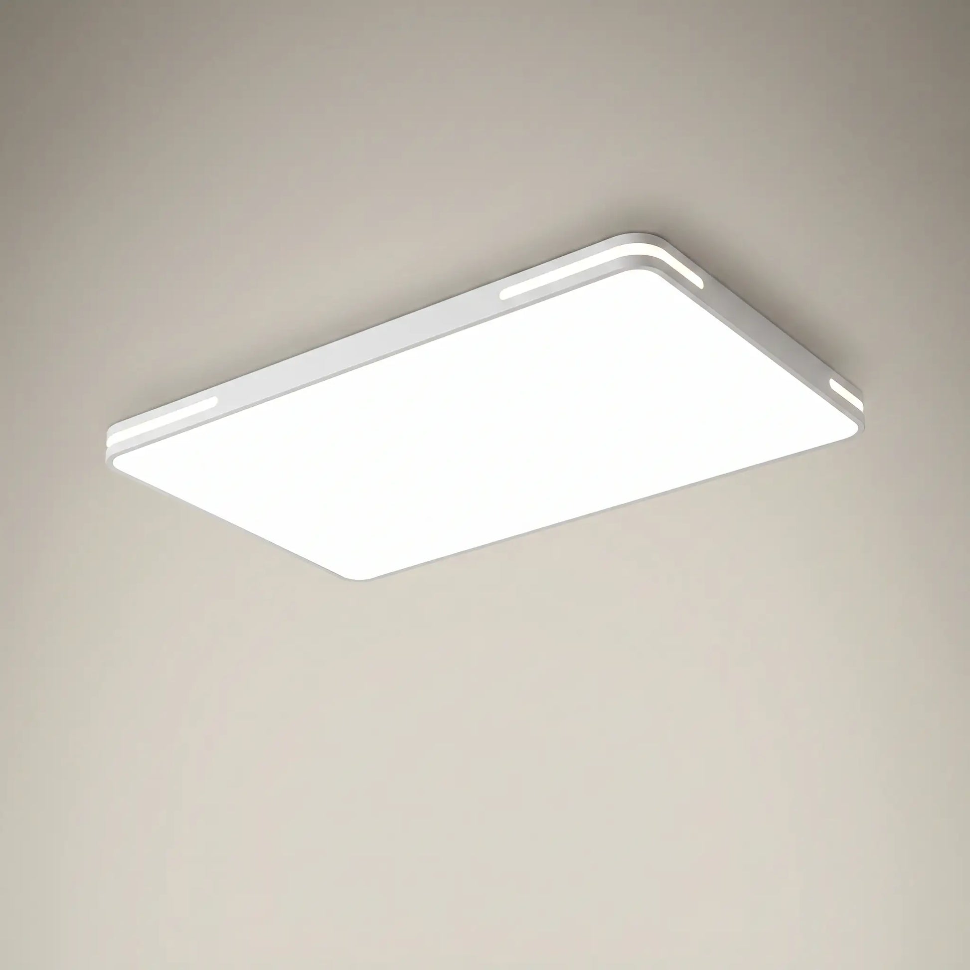 Minimalist modern white PVC iron voice control LED ceiling light rectangle 35 inch by 24 inch front view with white PVC shade and iron body