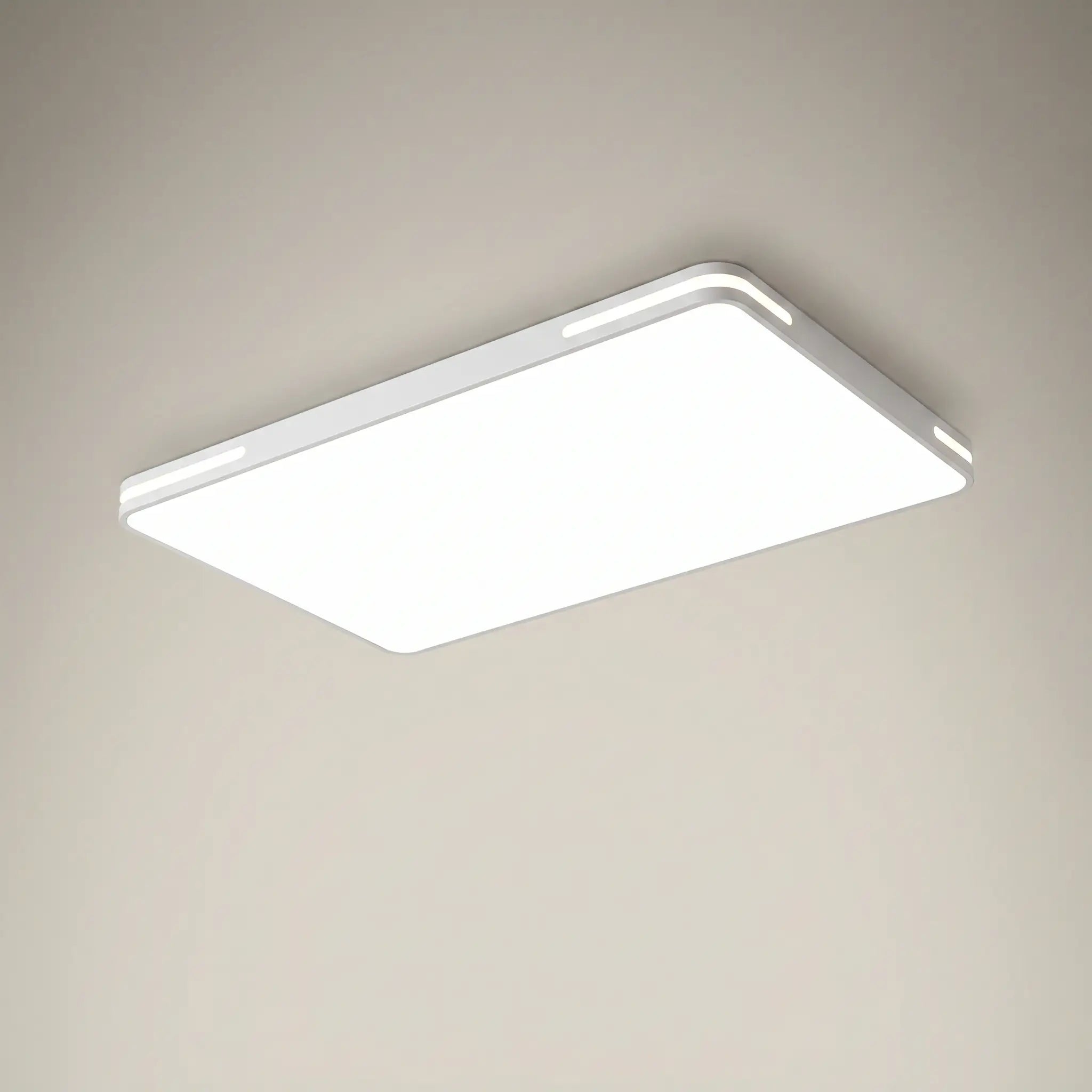 Minimalist modern white PVC iron voice control LED ceiling light rectangle 35 inch by 24 inch front view with white PVC shade and iron body
